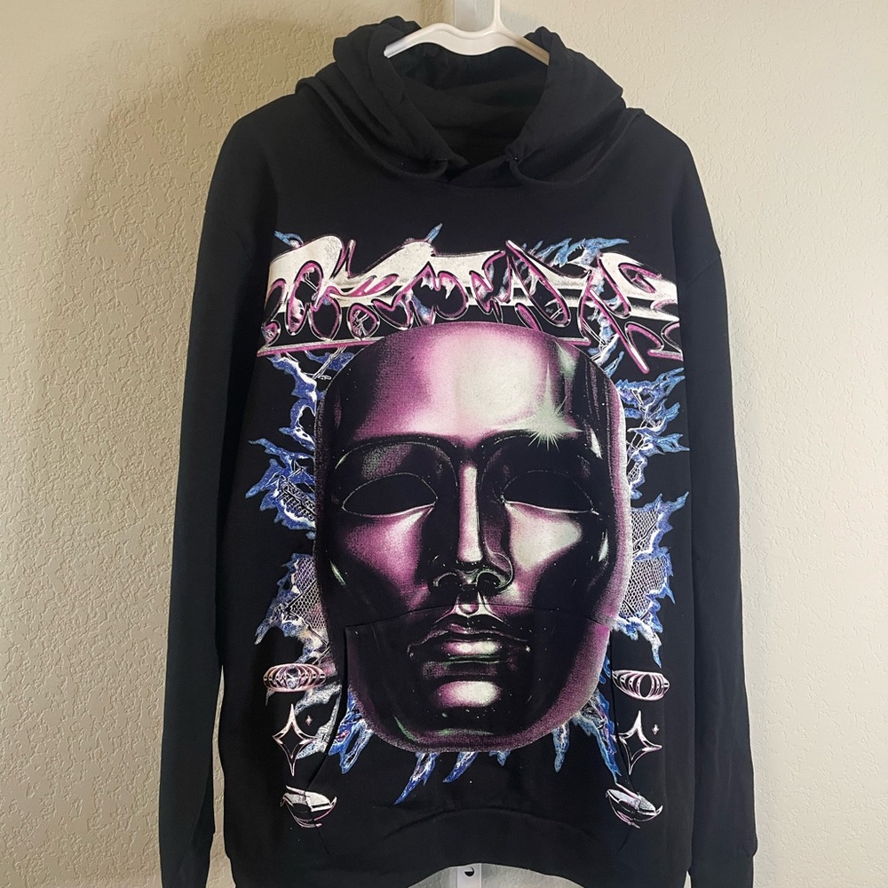 🔥🔥 TRINX LA Futuristic‎ Metallic Cyber Mask Black Hoodie - Size Large